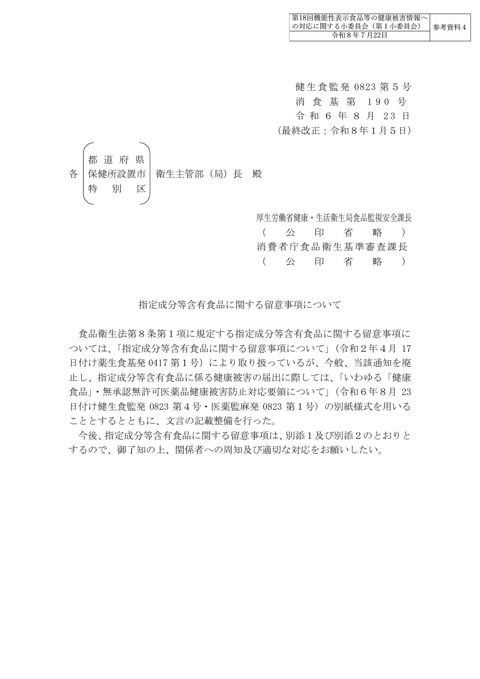 参考資料４ 「指定成分等含有食品に関する留意事項について」（令和６年８月23日付け健生食監発0823第５号・消食基第190号）［PDF形式：8.8MB］