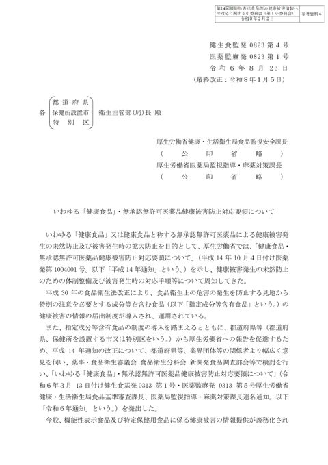 参考資料６ 「いわゆる「健康食品」・無承認無許可医薬品健康被害防止対応要領について」（令和６年８月23日付け健生食監発0823第４号・医薬監麻発0823第１号）