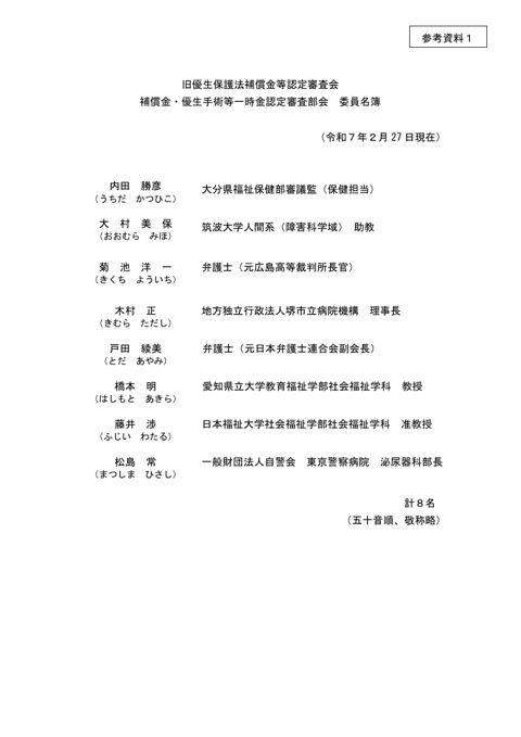 参考資料1：補償金・優生手術等一時金認定審査部会 委員名簿