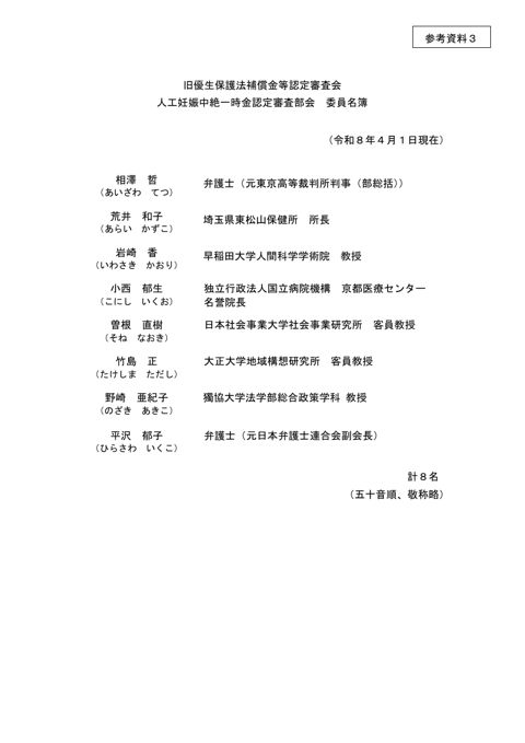 参考資料3：人工妊娠中絶一時金認定審査部会 委員名簿