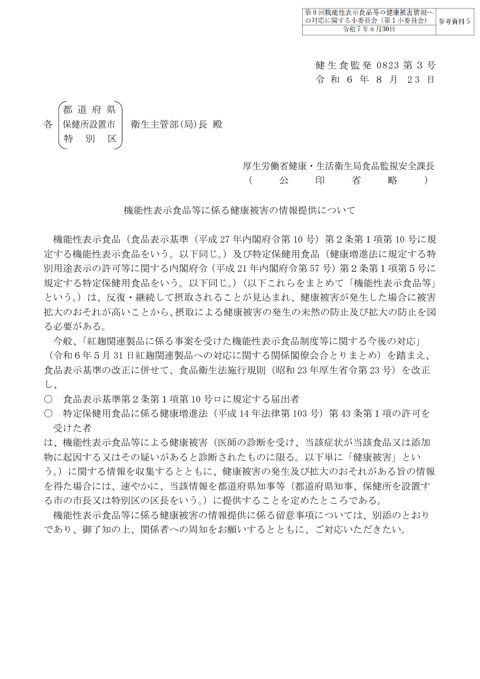 参考資料５ 「機能性表示食品等に係る健康被害の情報提供について」（令和６年８月23日付け健生食監発0823第３号）［PDF形式：1.2MB］