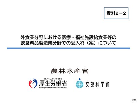 資料２－２ 外食業分野における医療・福祉施設給食業等の飲食料品製造業分野での受入れ（案）について