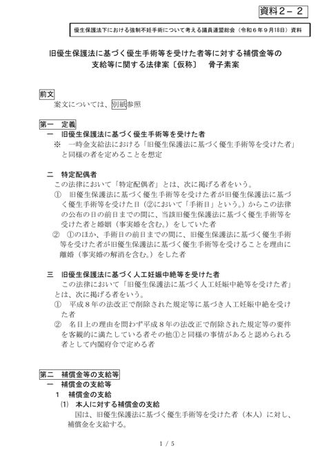 資料2-2:旧優生保護法に基づく優生手術等を受けた者等に対する補償金等の支給等に関する法律案〔仮称〕骨子素案(優生保護法下における強制不妊手術について考える議員