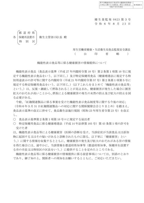 参考資料５ 「機能性表示食品等に係る健康被害の情報提供について」（令和６年８月23日付け健生食監発0823第３号）［PDF形式：1.2MB］