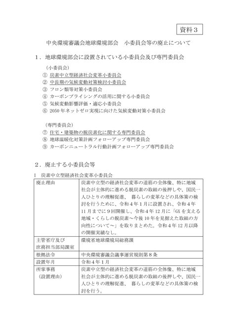 資料3 中央環境審議会地球環境部会小委員会の廃止について