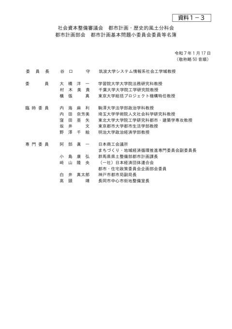 【資料1-3】 都市計画基本問題小委員会名簿(令和7年1月17日) の表紙