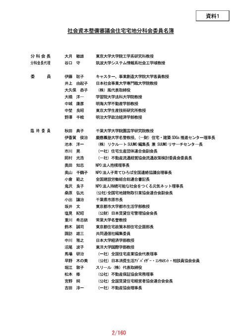 【資料1】社会資本整備審議会住宅宅地分科会委員名簿