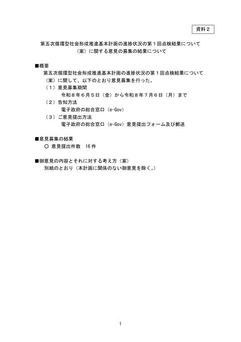 資料2 第五次循環型社会形成推進基本計画の進捗状況の第1回点検結果について(案)に関する意見の募集の結果について