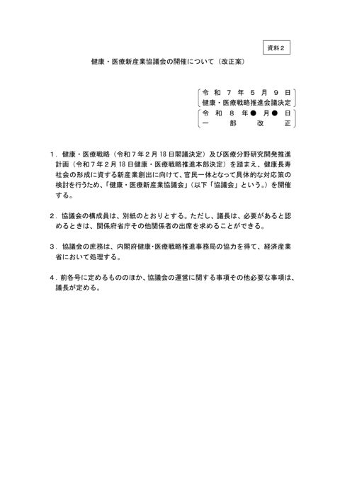 健康・医療新産業協議会の開催について（改正案）