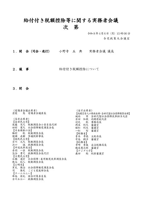 給付付き税額控除等に関する実務者会議（第４回） 議事次第
