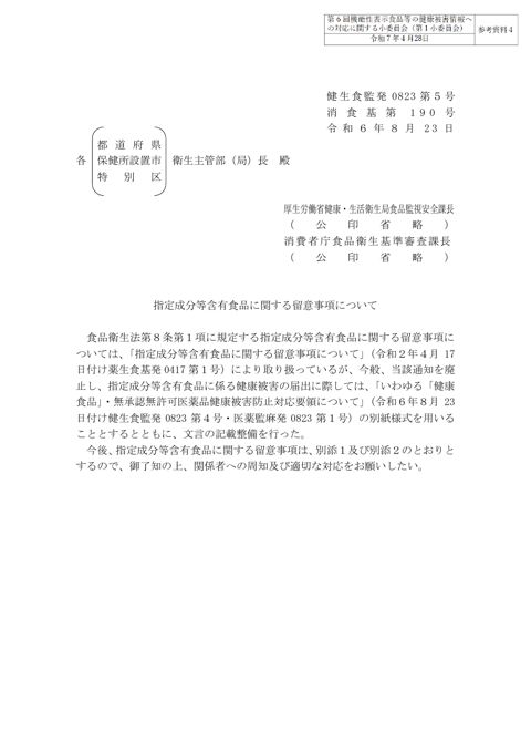 参考資料４ 「指定成分等含有食品に関する留意事項について」（令和６年８月23日付け健生食監発0823第５号・消食基第190号）［PDF形式：1.5MB］