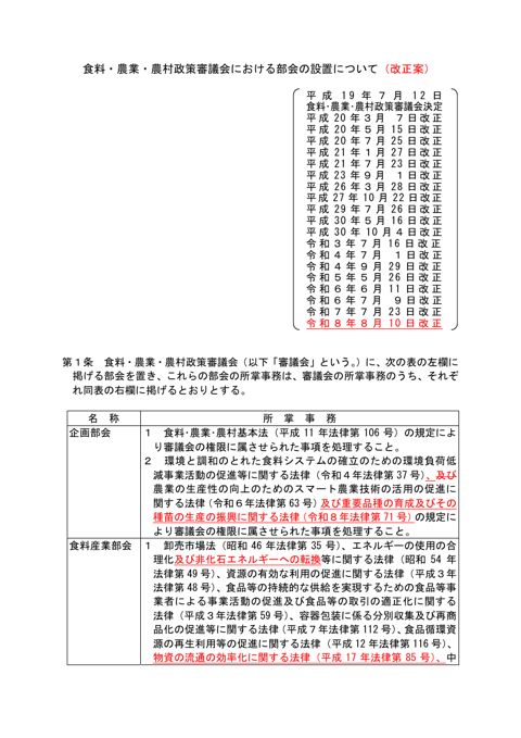 「食料・農業・農村政策審議会における部会の設置について」（改正案）