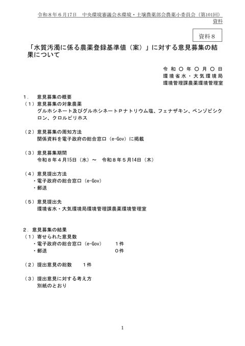 「生活環境動植物の被害防止にかかる農薬登録基準値（案）」に対する意見募集の結果について