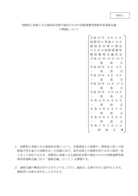 「国際的に脅威となる感染症対策の強化のための国際連携等関係府省連絡会議の開催について」の一部改正案