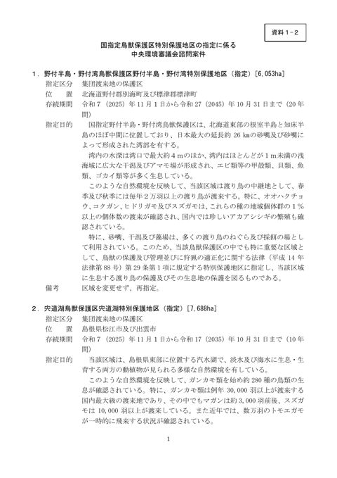 資料 1-2 国指定⿃獣保護区特別保護地区の指定に係る中央環境審議会諮問案件（概要）