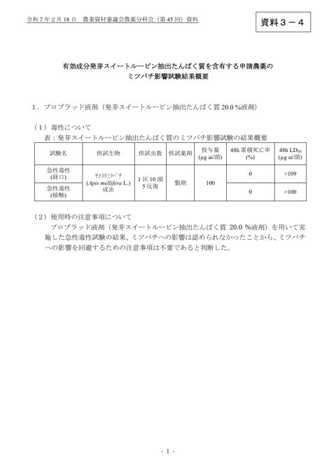 有効成分発芽スイートルーピン抽出たんぱく質を含有する申請農薬のミツバチ影響試験結果概要