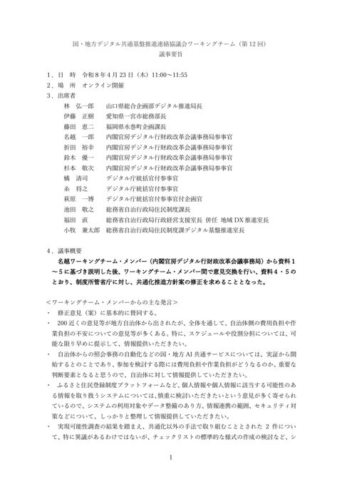 国・地方デジタル共通基盤推進連絡協議会ワーキングチーム(第 12 回) の表紙