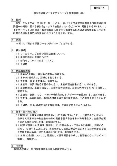 「青少年保護ワーキンググループ」開催要綱(案)