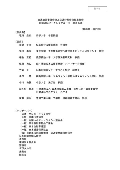【資料１】自動運転WG委員名簿