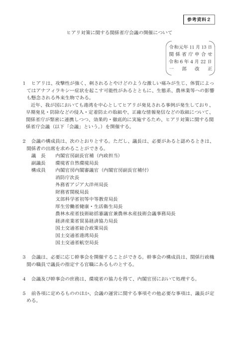 （申合せ）ヒアリ対策に関する関係省庁会議の開催について