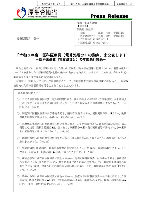 【参考資料３－２】令和６年度 医科医療費（電算処理分）の動向［PDF形式：1.1MB］