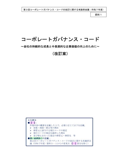 コーポレートガバナンス・コード改訂案（改訂前及び第２回会合資料３-１からの変更点） の表紙