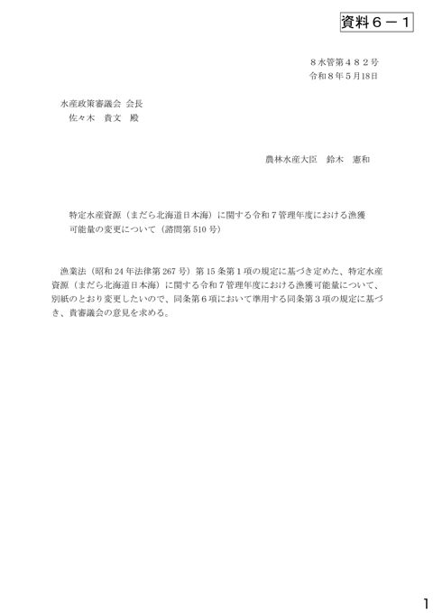 資料6 特定水産資源（まだら北海道日本海）に関する令和7管理年度における漁獲可能量の変更について（諮問第510号）