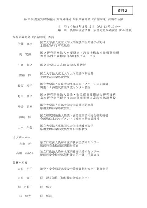 第16回飼料栄養部会（家畜飼料）出席者名簿