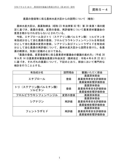 農薬の登録等に係る農林水産大臣からの諮問について（報告）