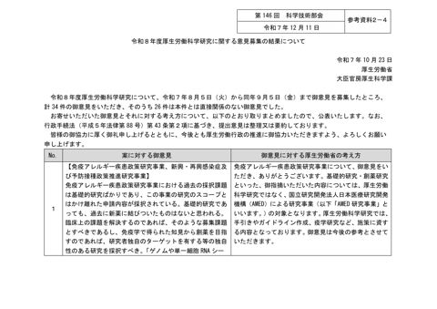 【参考資料２－４】令和８年度厚生労働科学研究に関する意見募集の結果について［PDF形式：135KB］