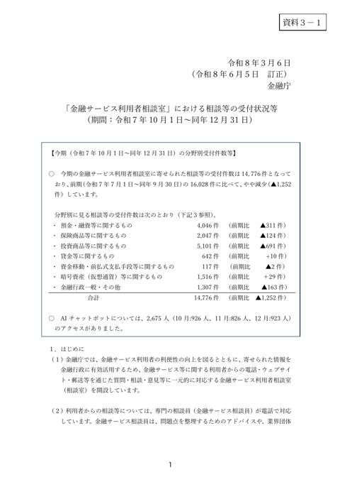 令和7年度下期 「金融サービス利用者相談室」における相談等の受付状況等 の表紙