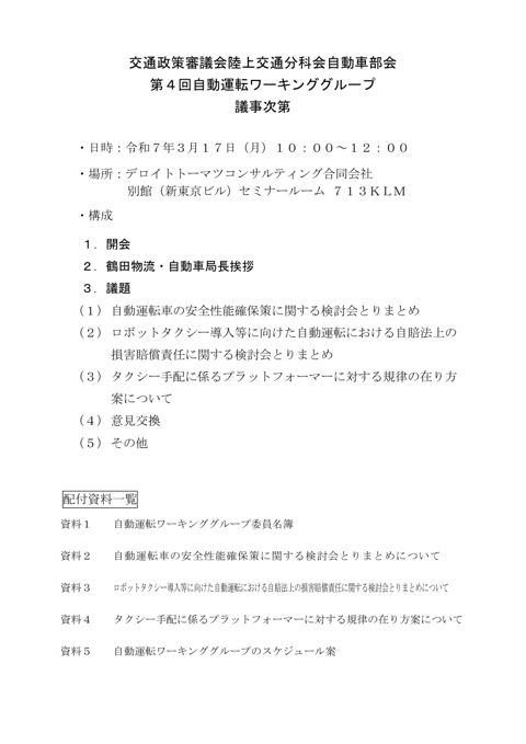 【資料０】議事次第（第４回自動運転WG）