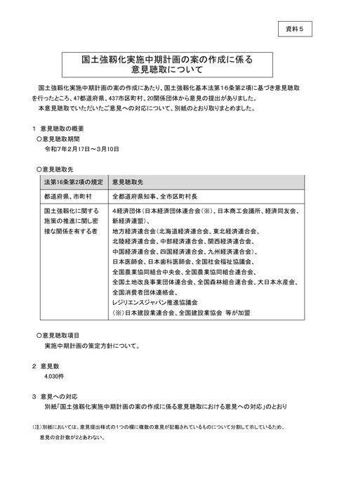 国土強靱化実施中期計画の案の作成に係る意見聴取について