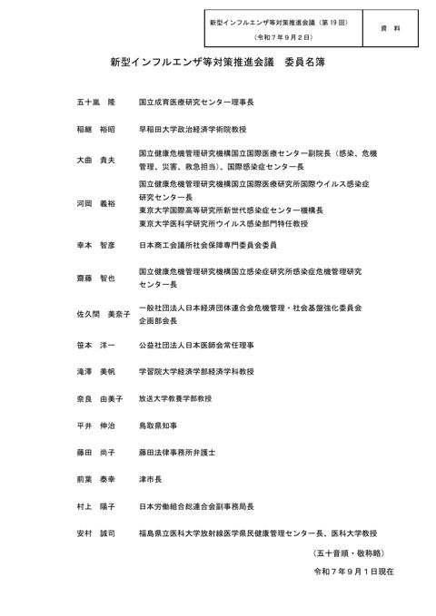 資料 新型インフルエンザ等対策推進会議委員名簿