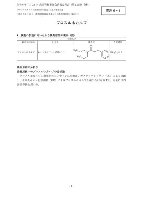 プロスルホカルブの農薬原体の組成に係る評価報告書