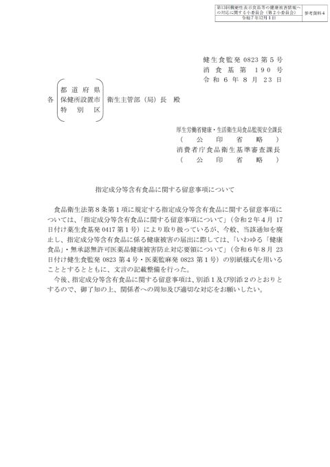 参考資料４ 「指定成分等含有食品に関する留意事項について」（令和６年８月23日付け健生食監発0823第５号・消食基第190号）［PDF形式：1.4MB］