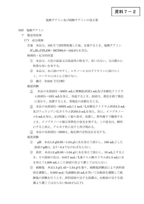 塩酸チアミン及び硝酸チアミンの成分規格等の改正案