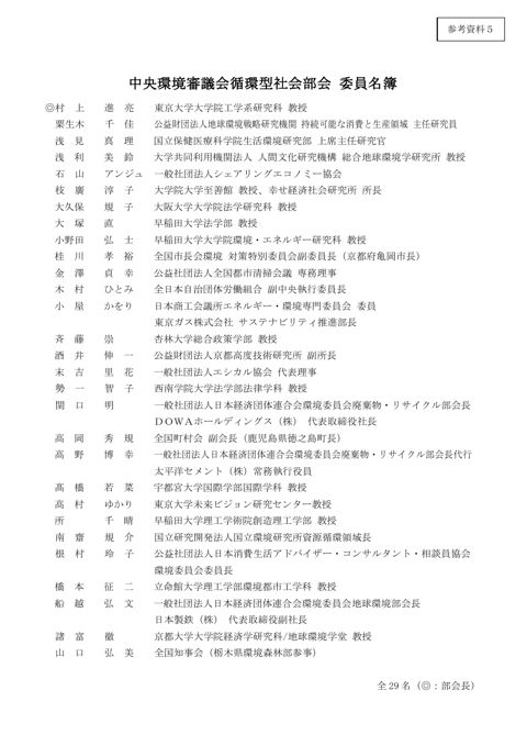 【参考資料5】中央環境審議会循環型社会部会 委員名簿