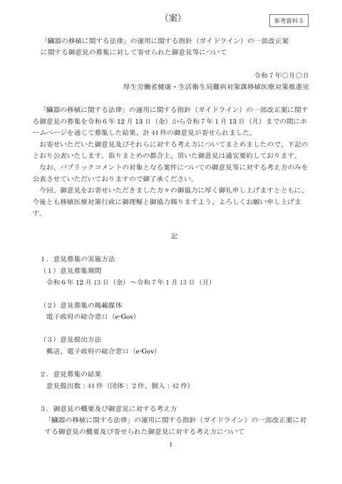 参考資料５ 臓器の移植に関する法律の運用に関する指針（ガイドライン）のパブリックコメント［PDF形式：245KB］