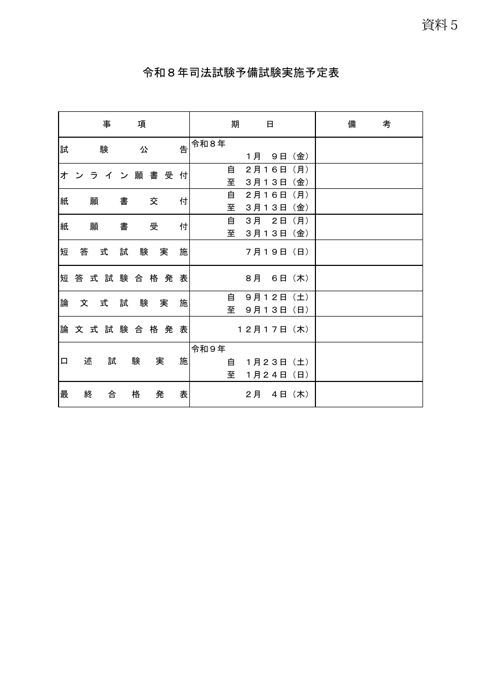 資料５：令和８年司法試験予備試験実施予定表