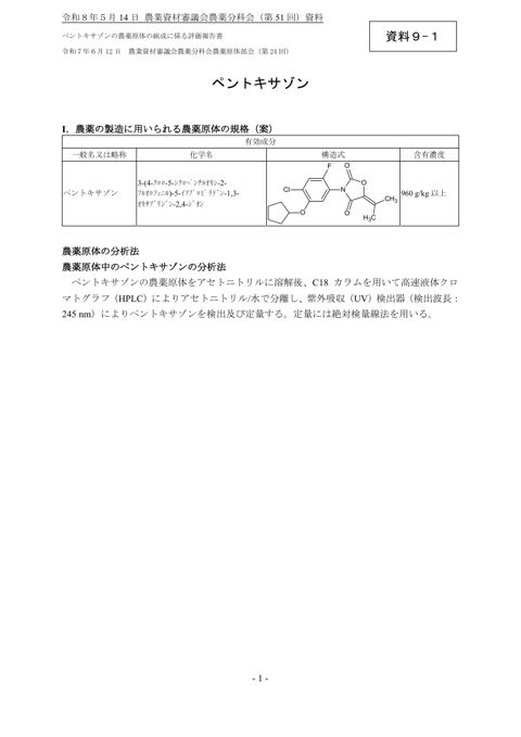 ペントキサゾンの農薬原体の組成に係る評価報告書