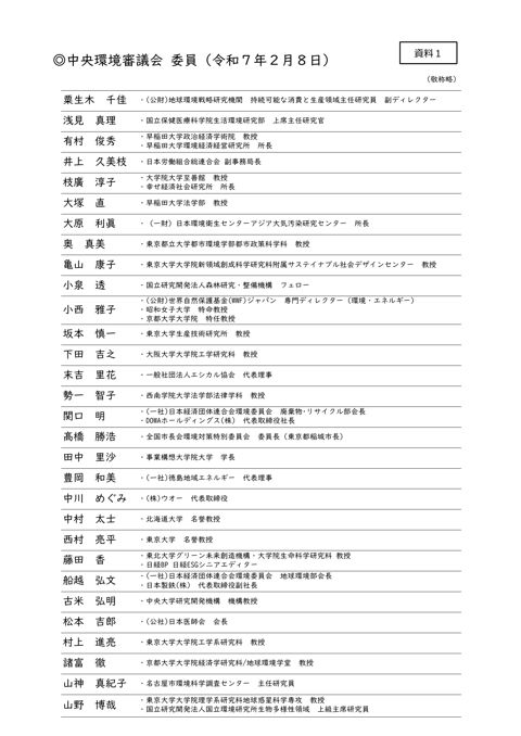資料1 中央環境審議会 委員名簿