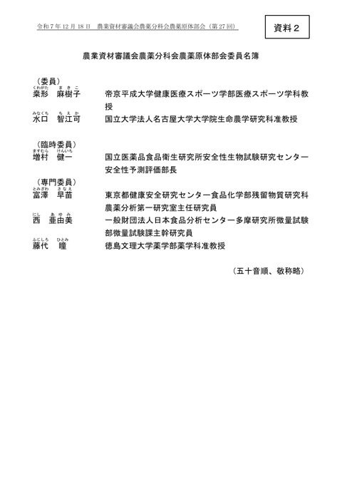 農業資材審議会農薬分科会農薬原体部会委員名簿