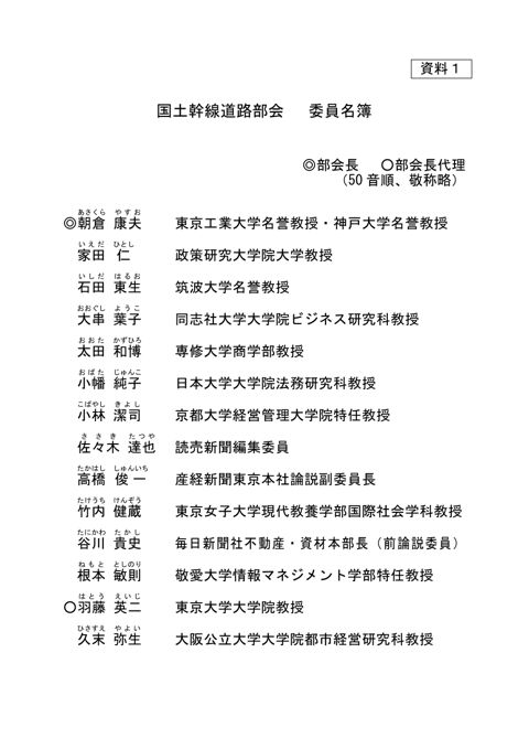 【資料１】社会資本整備審議会 道路分科会国土幹線道路部会委員名簿 の表紙