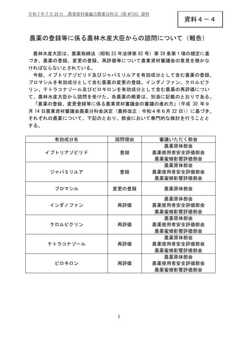農薬の登録等に係る農林水産大臣からの諮問について(報告)