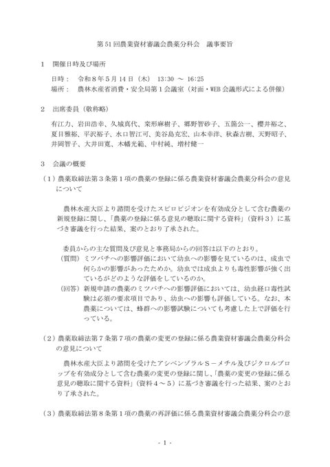 第 51 回農業資材審議会農薬分科会 議事要旨