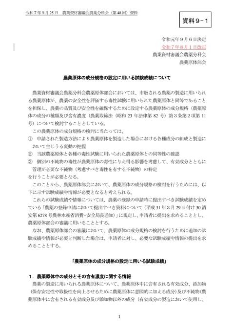 農薬原体の成分規格の設定に用いる試験成績について
