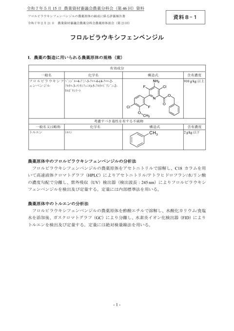 フロルピラウキシフェンベンジルの農薬原体の組成に係る評価報告書