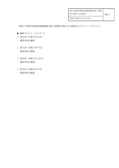 【資料２】令和７年度匿名感染症関連情報の第三者提供に関する小委員会のスケジュールについて［PDF形式：159KB］