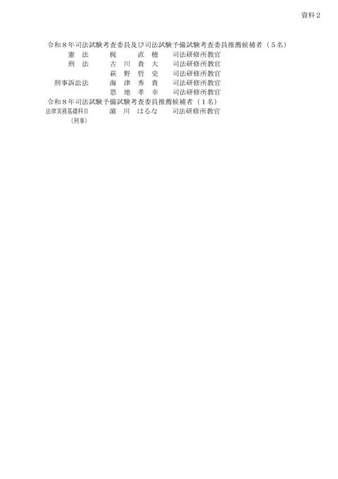 資料２：令和８年司法試験考査委員及び司法試験予備試験考査委員推薦候補者名簿（６名）